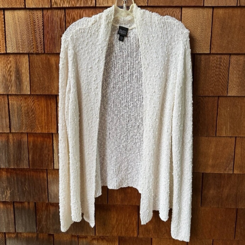 EUC Eileen Fisher White Slub Knit Open Front Cotton Cardigan in Women's X-Large
